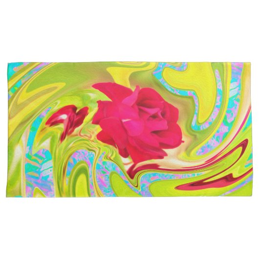 Abstracte rode roze op Geel en Aqua Swirl Kussensloop (Voorkant-Rechts)