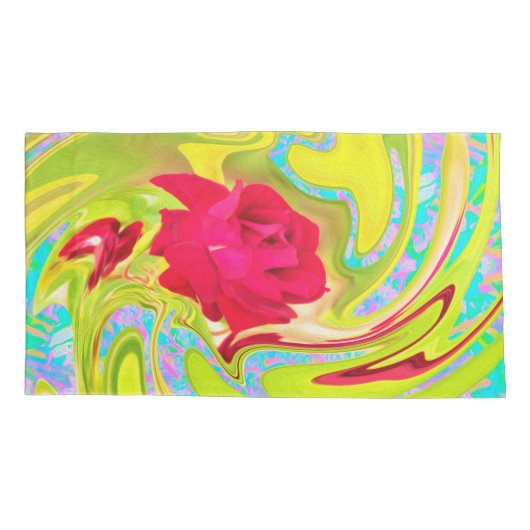 Abstracte rode roze op Geel en Aqua Swirl Kussensloop (Achterkant-Links)