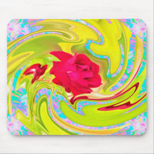 Abstracte rode roze op Geel en Aqua Swirl Muismat