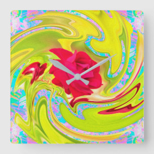 Abstracte rode roze op Geel en Aqua Swirl Vierkante Klok