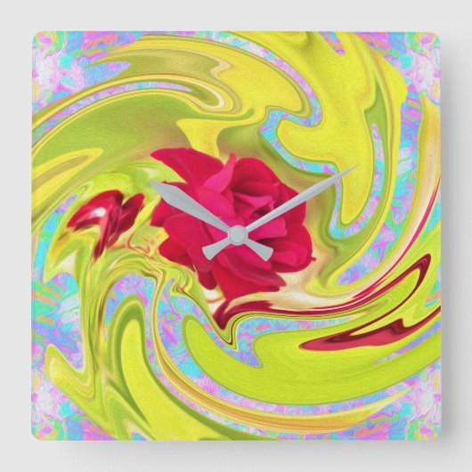 Abstracte rode roze op Geel en Aqua Swirl Vierkante Klok (Voorkant)