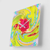 Abstracte rode roze op Geel en Aqua Swirl Vierkante Klok (Hoek)