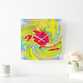 Abstracte rode roze op Geel en Aqua Swirl Vierkante Klok (Huis)