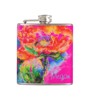 Abstracte rode waterverf bloemenschilderij heupfles