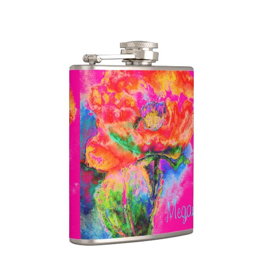 Abstracte rode waterverf bloemenschilderij heupfles (Rechts)