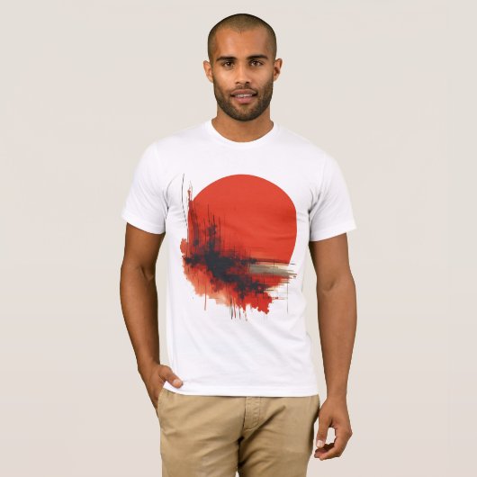Abstracte rode zon met geometrische en inktspetter t-shirt (Voorkant volledig)