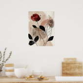 Abstracte Rode Zwarte Rozen Groene bladeren Line A Poster (Keuken)