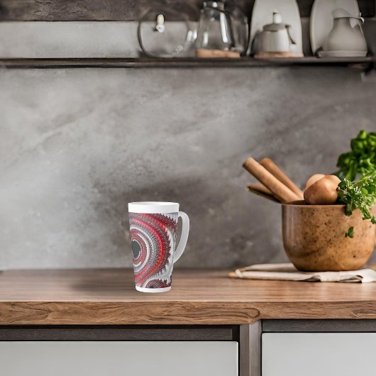 Abstracte rood-zwarte verlopende spiraalfractal latte mok