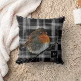 Abstracte roodborstvogel op zwart wit plaid monogr kussen