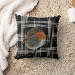 Abstracte roodborstvogel op zwarte tartan geruit kussen