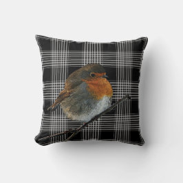 Abstracte roodborstvogel op zwarte tartan geruit kussen