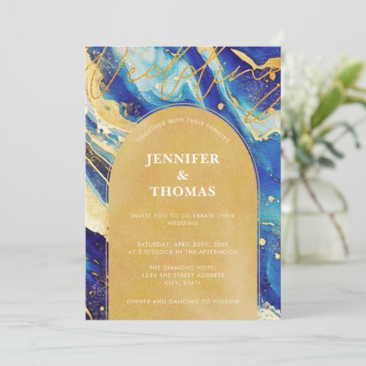 Abstracte Royal Navy Blue en Gold Arch Wedding Kaart (Staand voorkant)