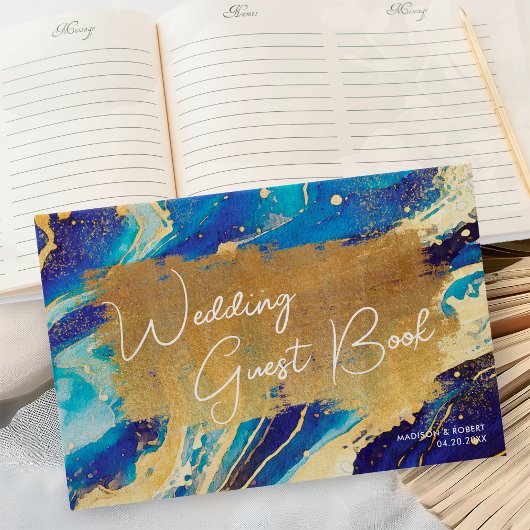 Abstracte Royal Navy Blue en Gold Custom Wedding Gastenboek