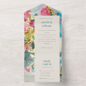 Abstracte, roze blauwe Waterverf Floral bruiloft All In One Uitnodiging (Binnen)