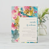 Abstracte, roze blauwe Waterverf Floral bruiloft Kaart (Staand voorkant)