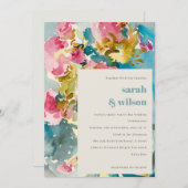 Abstracte, roze blauwe Waterverf Floral bruiloft Kaart (Voorkant / Achterkant)