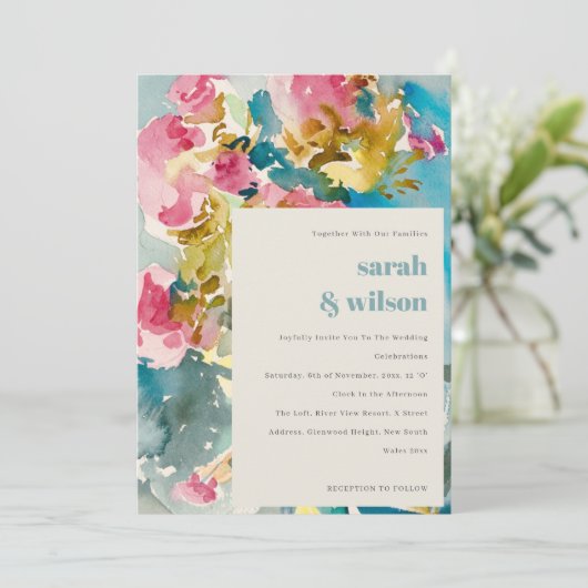 Abstracte, roze blauwe Waterverf Floral bruiloft Kaart (Staand voorkant)