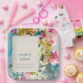 Abstracte, roze blauwe Waterverf Floral bruiloft Papieren Bordje (Feest)