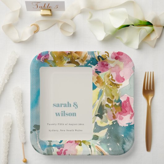 Abstracte, roze blauwe Waterverf Floral bruiloft Papieren Bordje (Huwelijk)