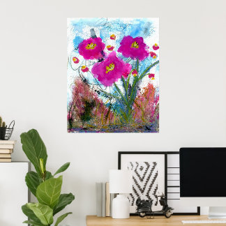 Abstracte Roze Bloemen Bloemschilderij Botanische Poster