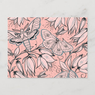 Abstracte  roze bloemen en bugs briefkaart