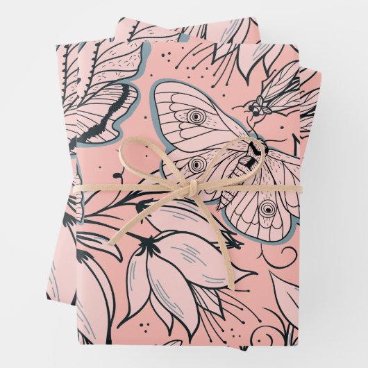 Abstracte  roze bloemen en bugs inpakpapier vel (In situ)