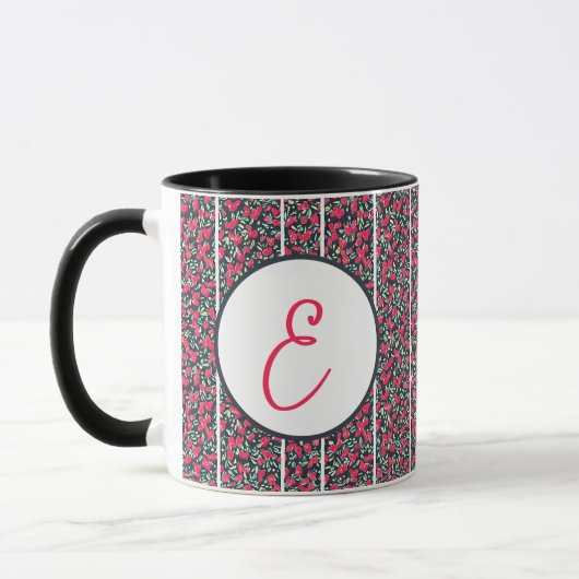 Abstracte roze bloemen en witte strepen monogram mok (Links)