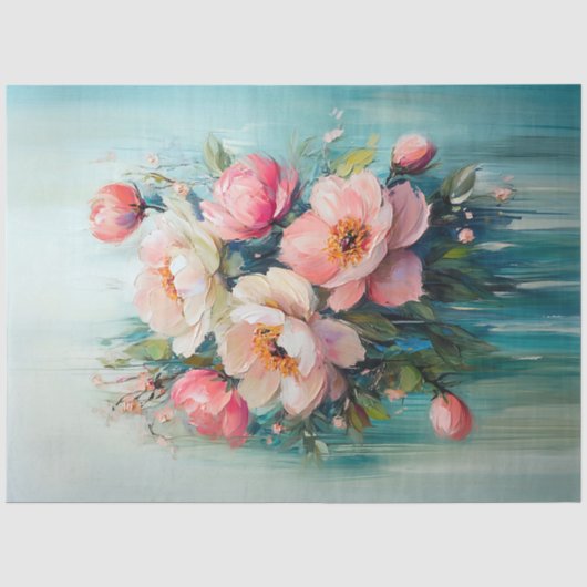Abstracte Roze Bloemen Teal Achtergrond Decoupage Tissuepapier (Voorkant)
