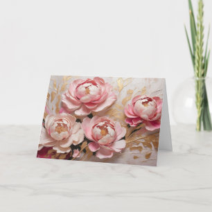Abstracte roze en gouden pioenbloemen kaart