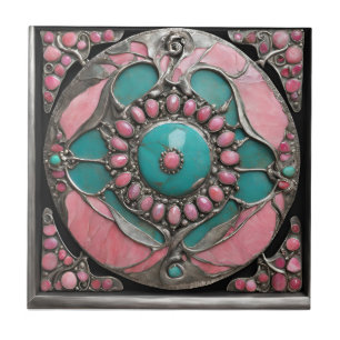 Abstracte roze en turquoise mozaïekkunst tegeltje