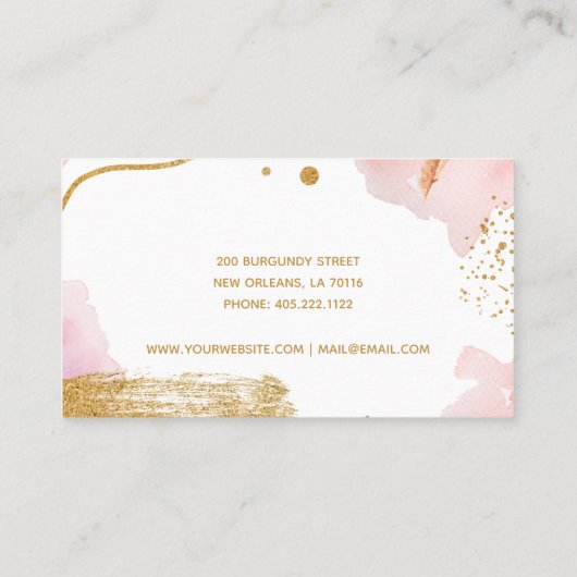 Abstracte roze Gold Script-Waterverf Visitekaartje (Achterkant)