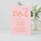 Abstracte Roze & Oranje leuke kleuren Bruiloft Informatiekaartje (Staand voorkant)
