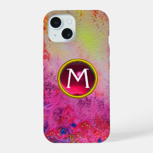 ABSTRACTE ROZE PAARSE FLORALE ROZE EDELSTEEN MONOG iPhone 15 CASE