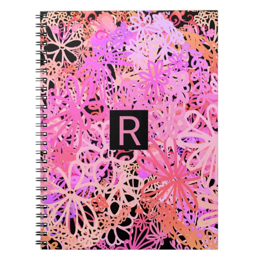 Abstracte roze zwarte monogram bloem notitieboek (Voorkant)