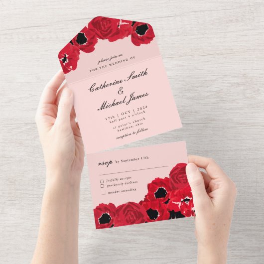 Abstracte Rozen en papavers All In One Uitnodiging (Afscheurbaar)