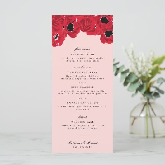 Abstracte Rozen en Poppies bruiloft Menu (Staand voorkant)