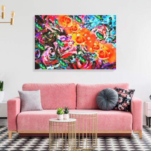 Abstracte rozen sinaasappel & turqoise psychedelis canvas afdruk (Insitu (Woonkamer))