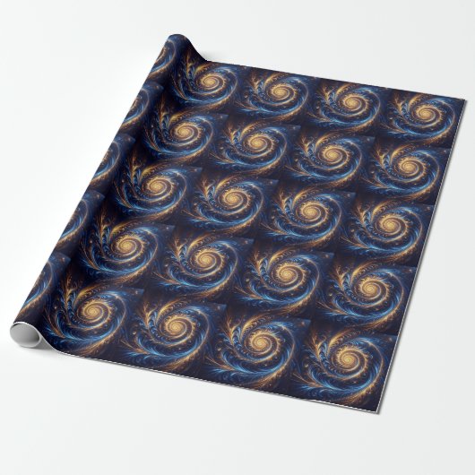 Abstracte ruimte Royal Blue en Gold Swirls Cadeaupapier (Uitgerold)