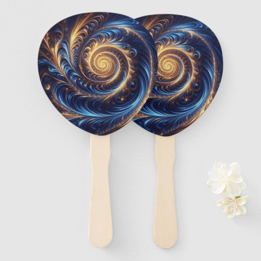 Abstracte ruimte Royal Blue en Gold Swirls Handwaaier (Voorkant en achterkant)
