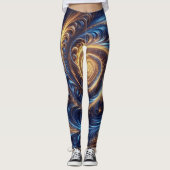 Abstracte ruimte Royal Blue en Gold Swirls Leggings (Voorkant)