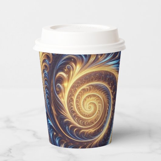 Abstracte ruimte Royal Blue en Gold Swirls Papieren Bekers (Links)