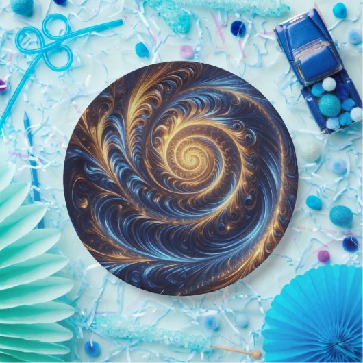 Abstracte ruimte Royal Blue en Gold Swirls Papieren Bordje (Feest)