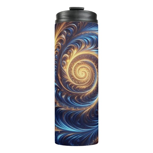 Abstracte ruimte Royal Blue en Gold Swirls Thermosbeker (Voorkant)