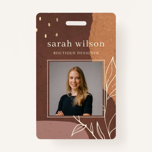 Abstracte Rust Pink Oranje Leafy Foliage Foto Badge (Voorkant)