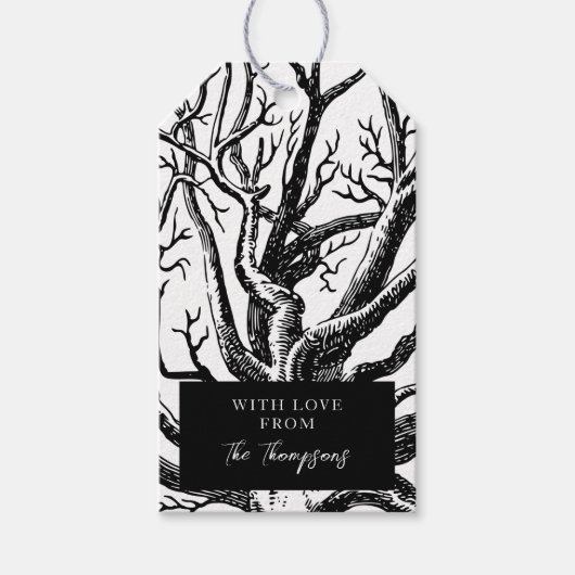 Abstracte Rustic Black & White Tree Branches Cadeaulabel (Voorkant)