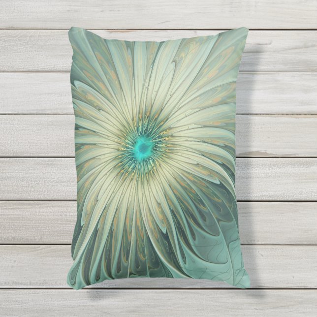 Abstracte Sage Green Fantasy Flower Fractal Art Buitenkussen (Voorkant (verticaal))