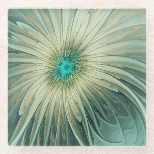 Abstracte Sage Green Fantasy Flower Fractal Art Glazen Onderzetter