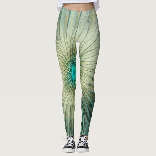 Abstracte Sage Green Fantasy Flower Fractal Art Leggings (Voorkant)