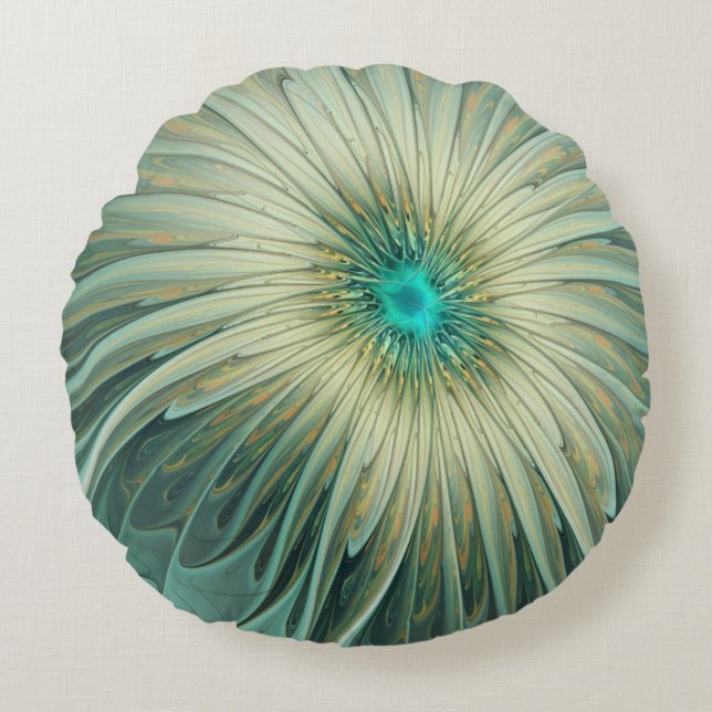 Abstracte saliegroene fantasiebloem fractale kunst rond kussen (Voorkant)