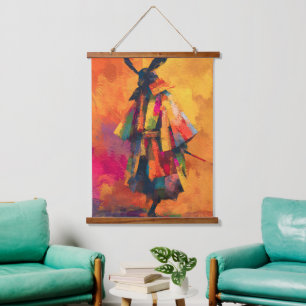 Abstracte Samurai Warrior Silhouet Hangend Wandkleed